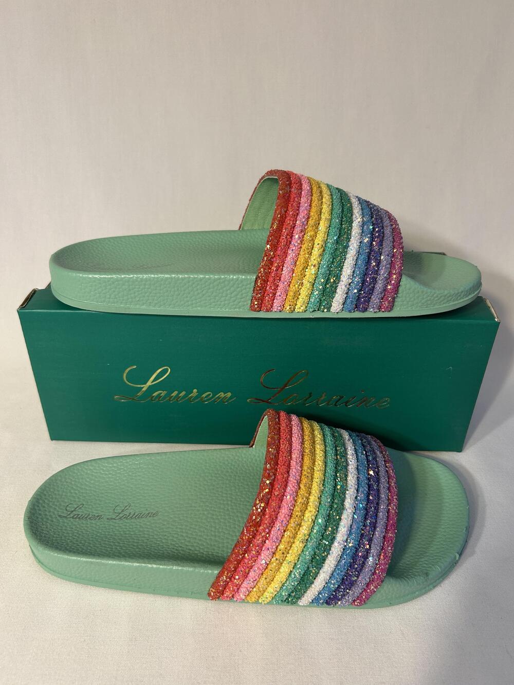 Lauren Lorraine Sandals Womens Size 10 Green Ria Rainbow Slide RUNS SMALL